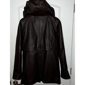 EXCELLED Women's Brown Leather Hooded Jacket Size S‎ Midlength Insulated